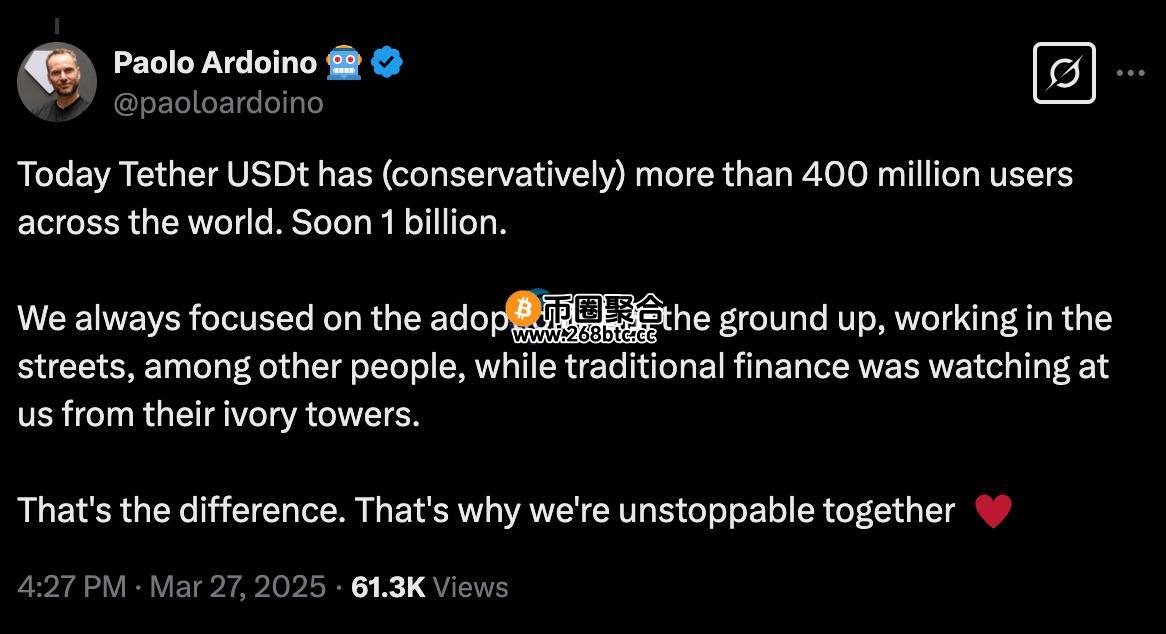 Ardoino自信地表示USDT将成长成拥有10亿用户的稳定币