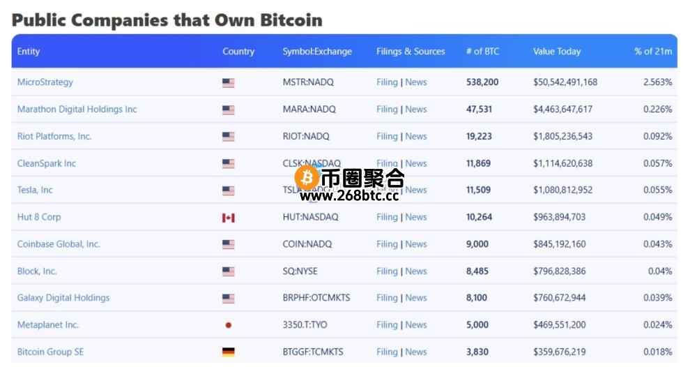图为微策略稳坐十大比特币企业的第一名