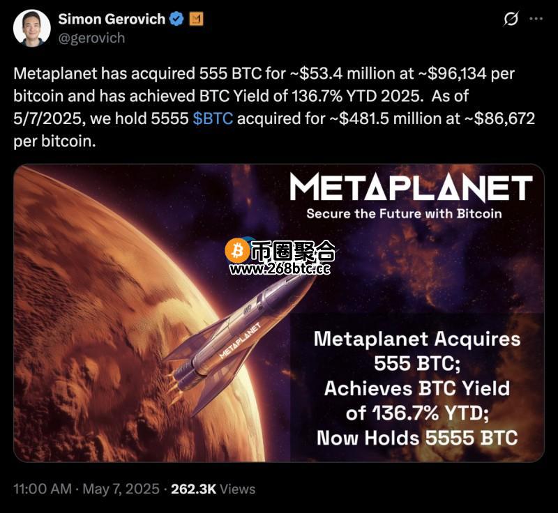 Metaplanet执行长Gerovich发推表示又买了555颗比特币