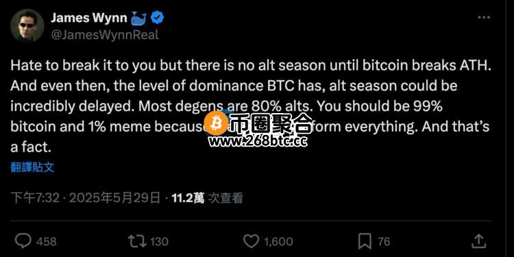 巨鲸James Wynn看多比特币却反手做空！并建议配置99%BTC与1%Meme币