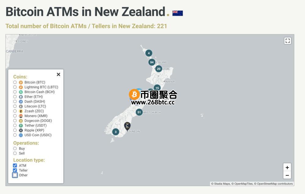 图为目前新西兰的加密ATM分布图